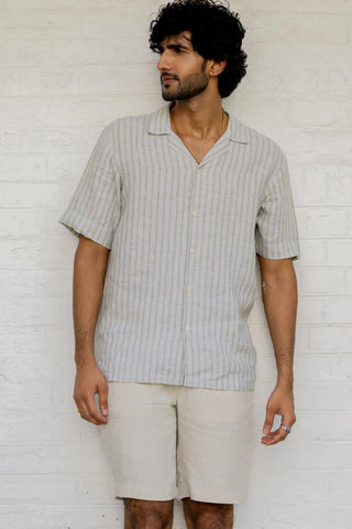 Cuban Collar Shirt Sage Pencil Stripe
