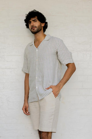 Cuban Collar Shirt Sage Pencil Stripe