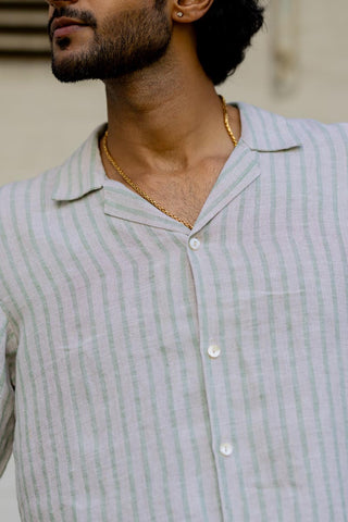 Cuban Collar Shirt Sage Pencil Stripe