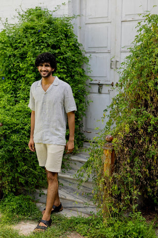 Cuban Collar Shirt Sage Pencil Stripe