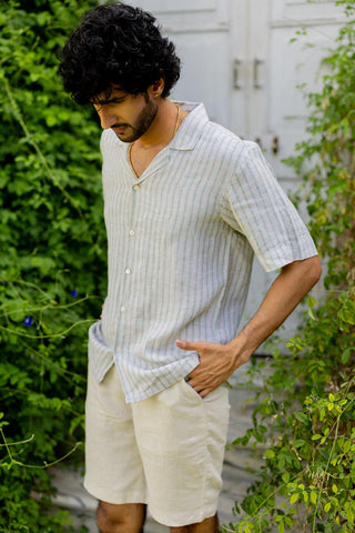 Cuban Collar Shirt Sage Pencil Stripe