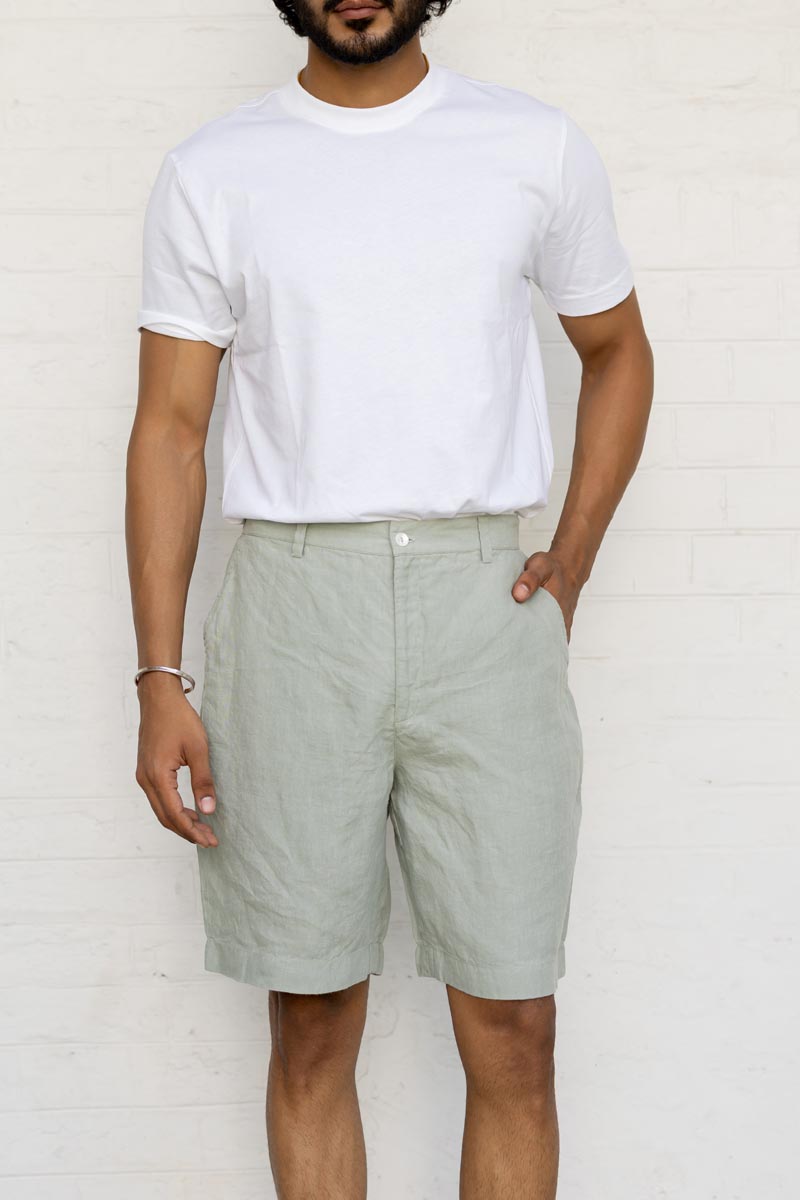 Man wearing a white t-shirt and Mint Green Shorts against a white background