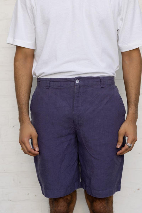 Person wearing Blueberry Shorts and a white shirt against a plain background
