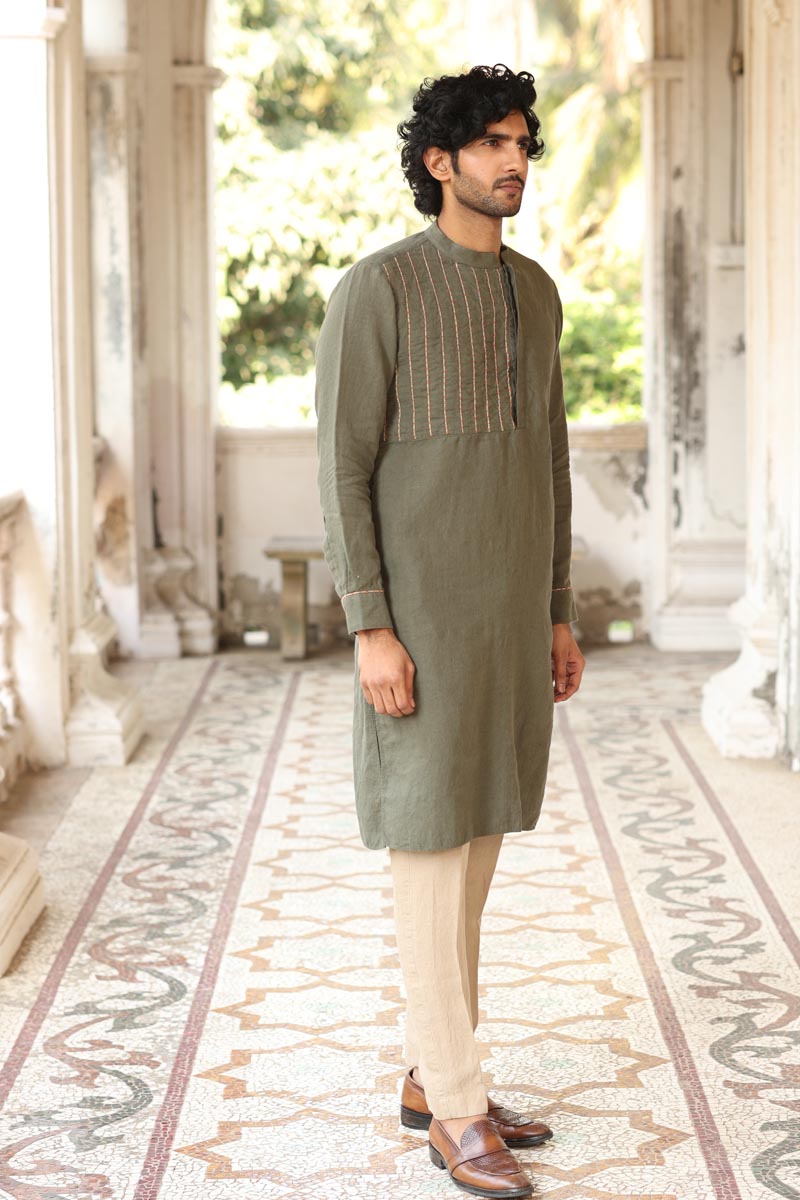 Green yoke piping kurta | linen kurta set for men