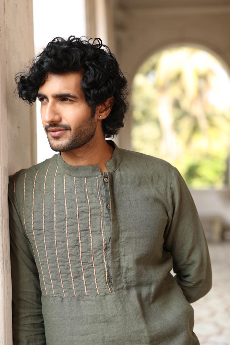 Green yoke piping kurta | linen kurta set for men