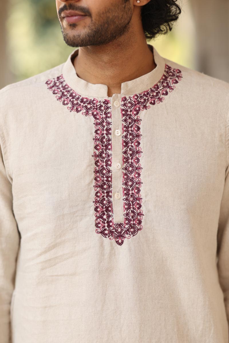 Natural color placket embroidered kurta | linen kurta set for men