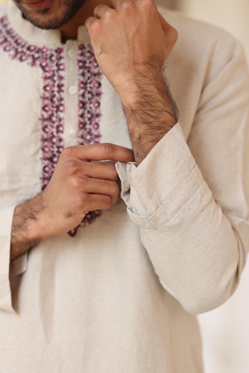 Natural color placket embroidered kurta | linen kurta set for men