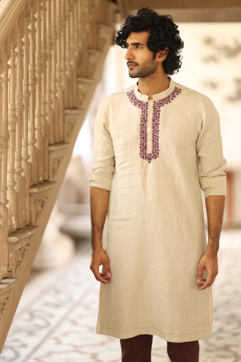 Natural color placket embroidered kurta | linen kurta set for men