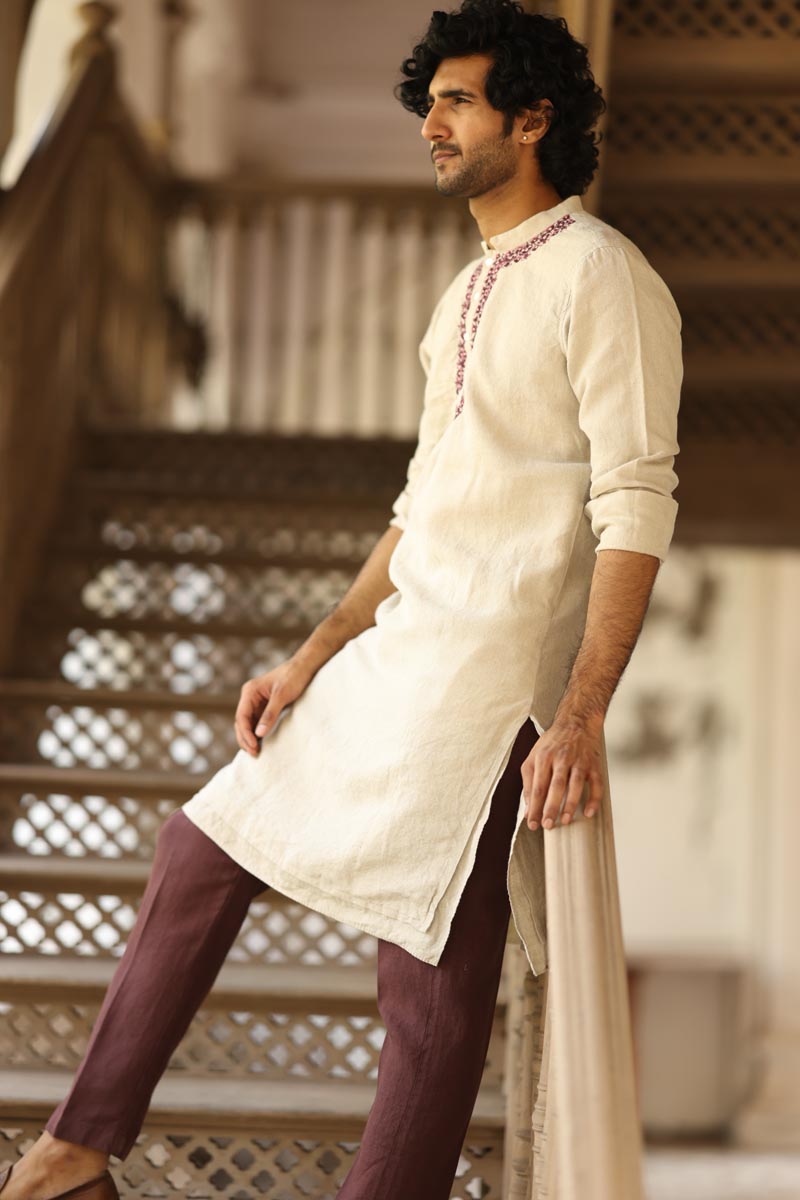 Natural color placket embroidered kurta | linen kurta set for men