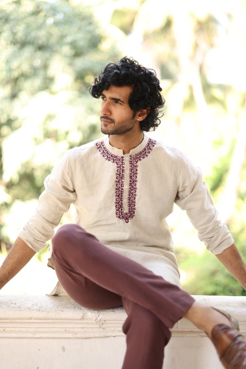 Natural color placket embroidered kurta | linen kurta set for men