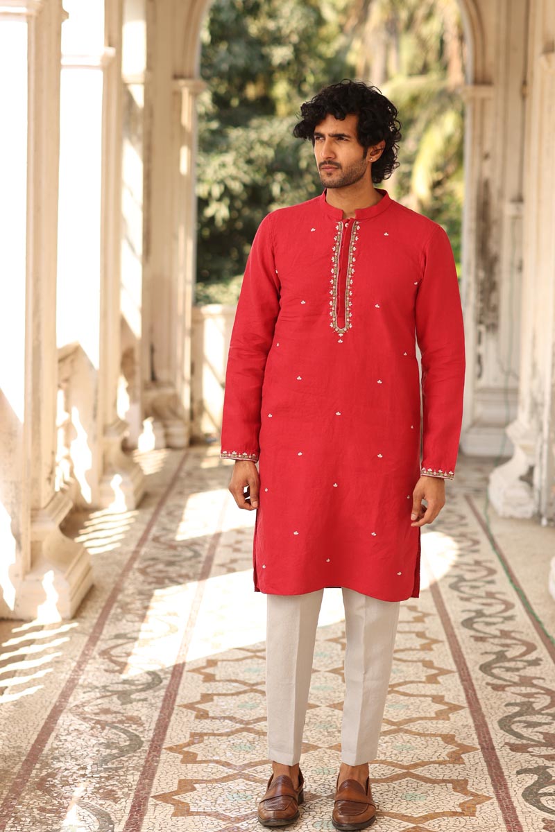 Crimson Hand Embroidered Kurta Set | linen kurta set for men