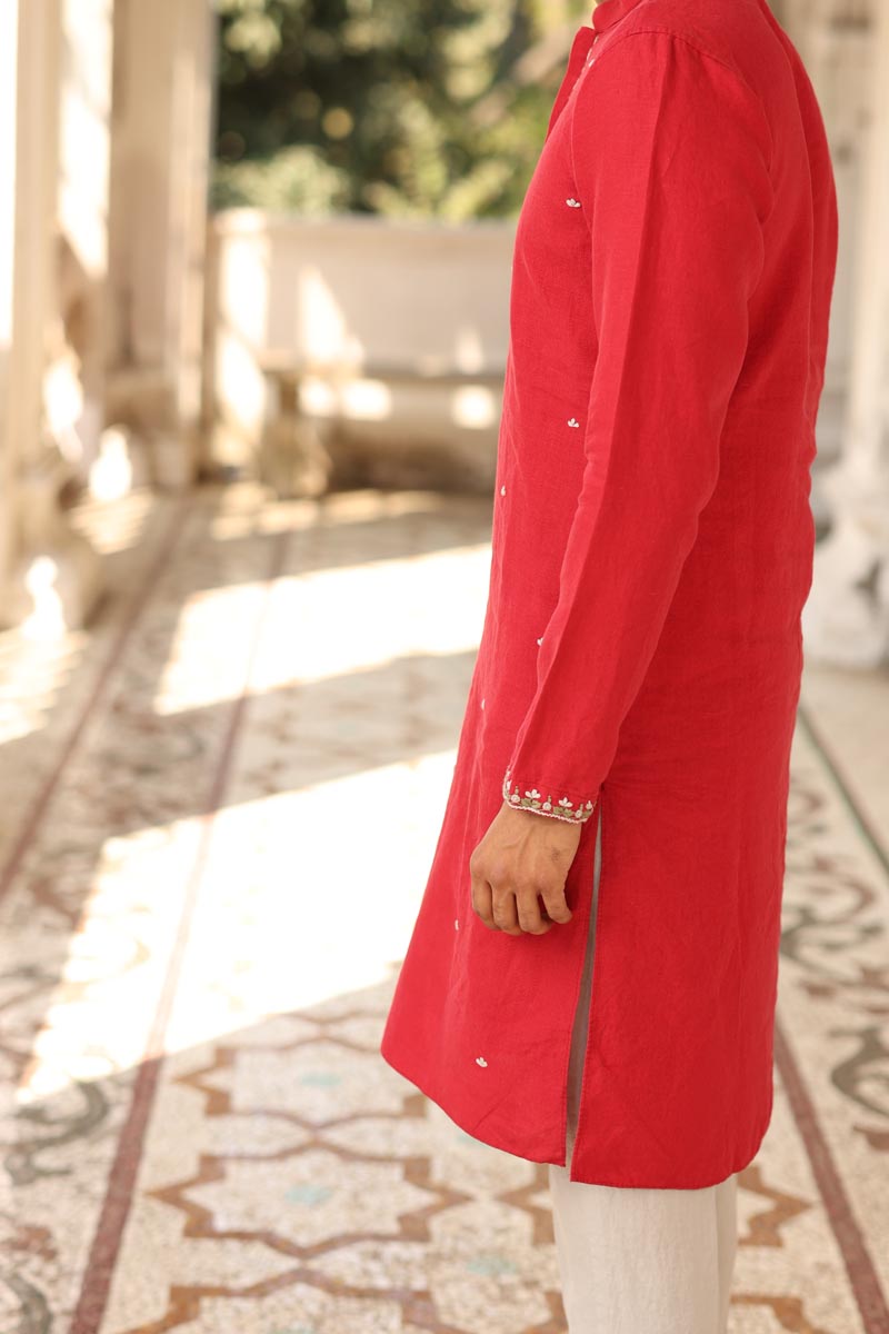 Crimson Hand Embroidered Kurta Set | linen kurta set for men