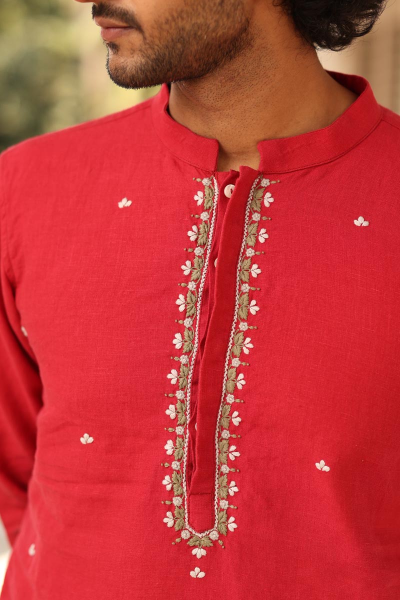 Crimson Hand Embroidered Kurta Set | linen kurta set for men