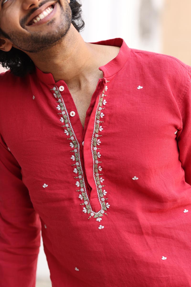 Crimson Hand Embroidered Kurta Set | linen kurta set for men