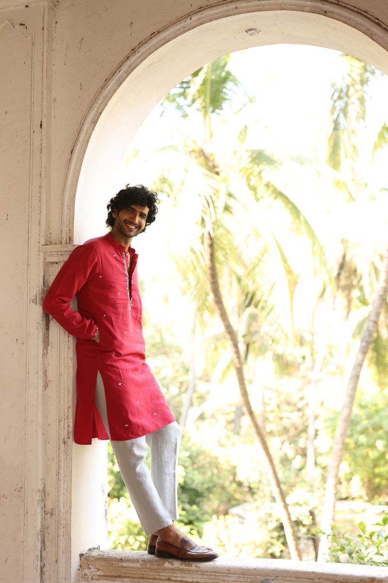 Crimson Hand Embroidered Kurta Set | linen kurta set for men