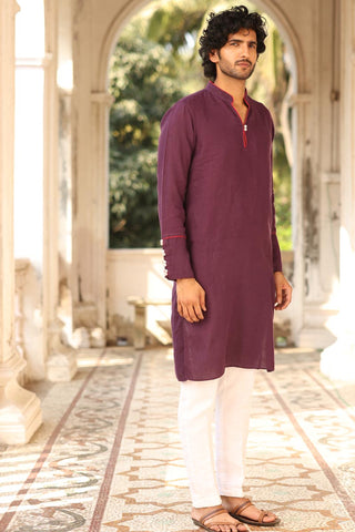 Purple Piping Kurta Set | Linen Kurta for Men