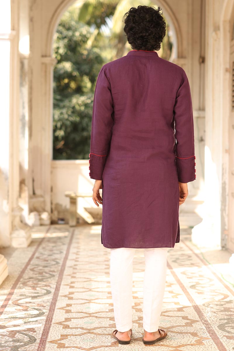 Purple Piping Kurta Set | Linen Kurta for Men
