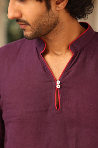 Purple Piping Kurta Set | Linen Kurta for Men