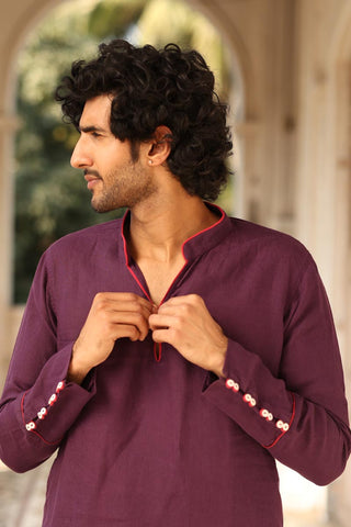 Purple Piping Kurta Set | Linen Kurta for Men