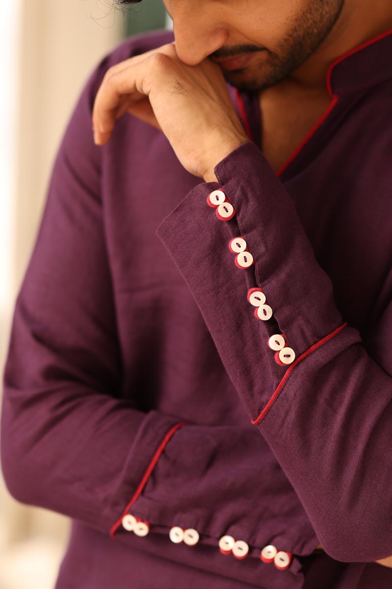 Purple Piping Kurta Set | Linen Kurta for Men