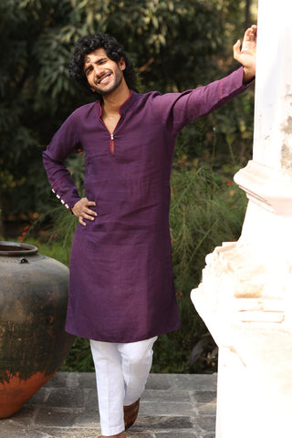 Purple Piping Kurta Set | Linen Kurta for Men