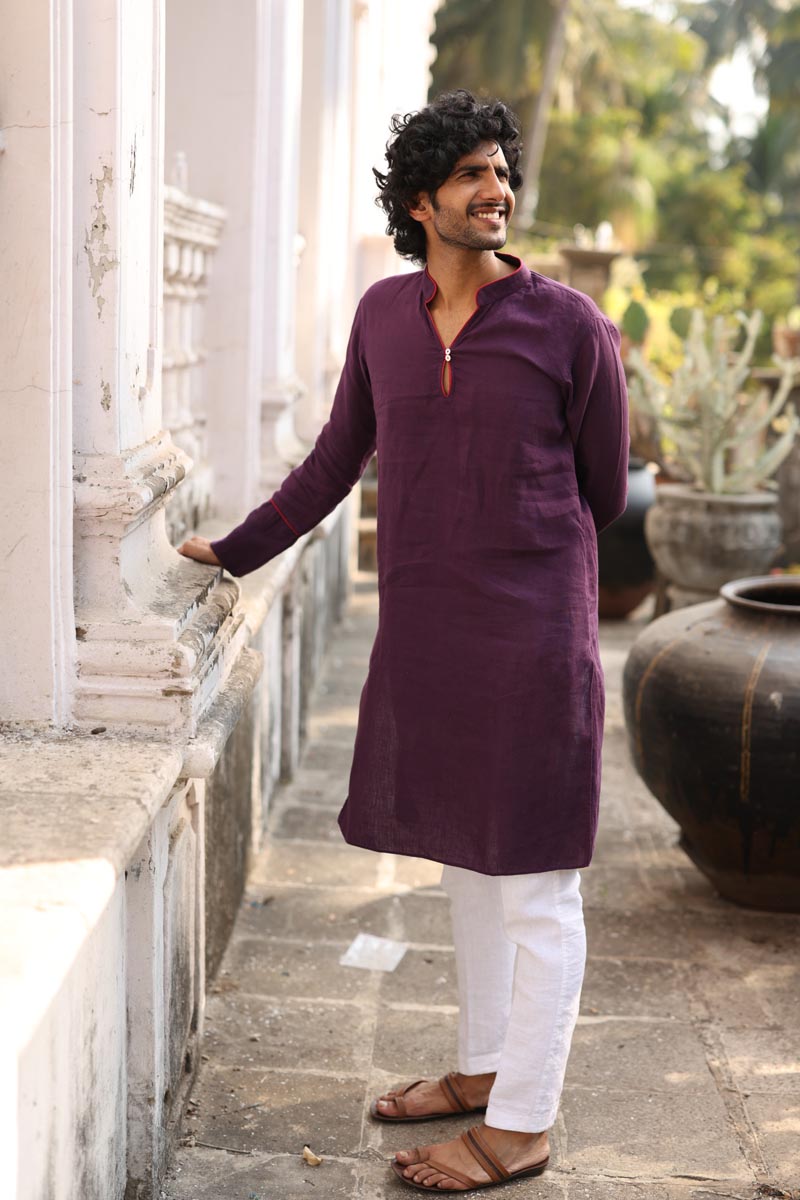 Purple Piping Kurta Set | Linen Kurta for Men