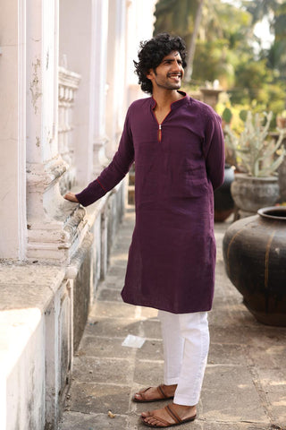 Purple Piping Kurta Set | Linen Kurta for Men