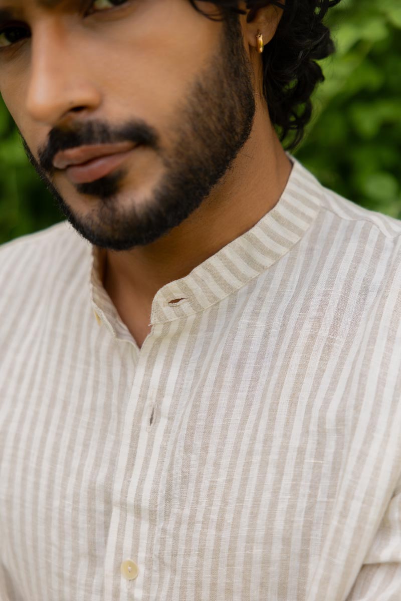 Mandarin Collar Beige Stripe Shirt