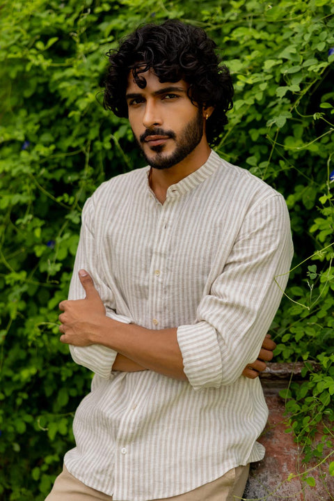 Mandarin Collar Beige Stripe Shirt