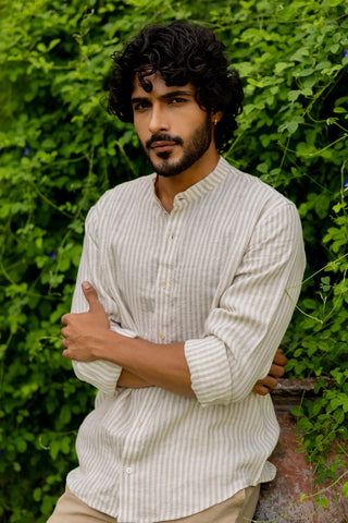 Mandarin Collar Beige Stripe Shirt