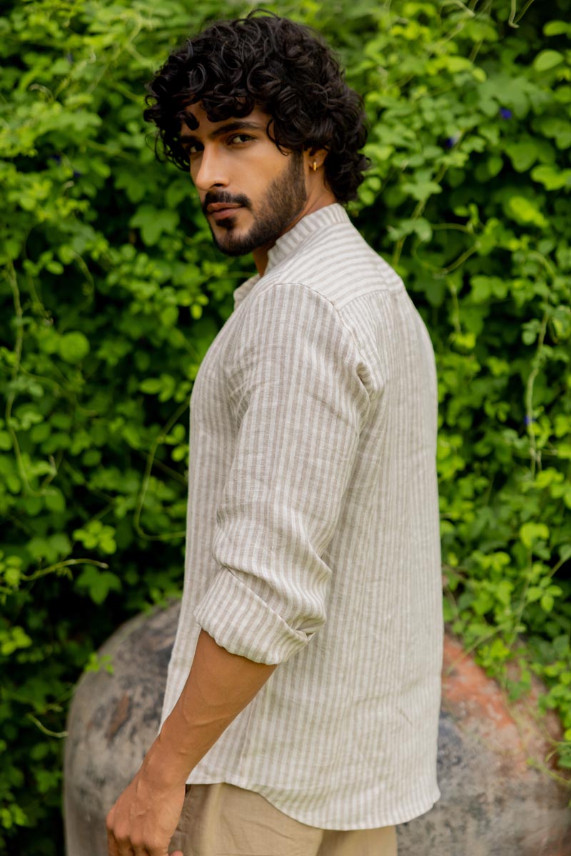 Mandarin Collar Beige Stripe Shirt