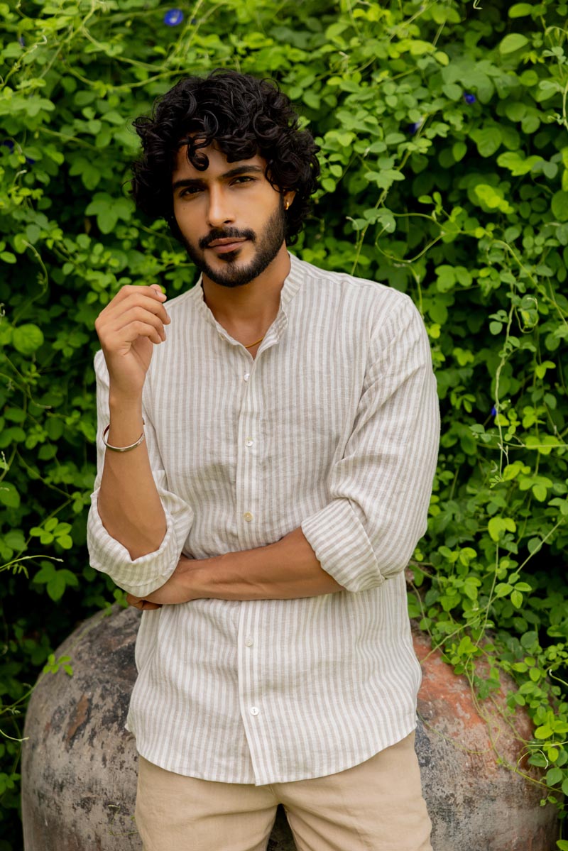 Mandarin Collar Beige Stripe Shirt
