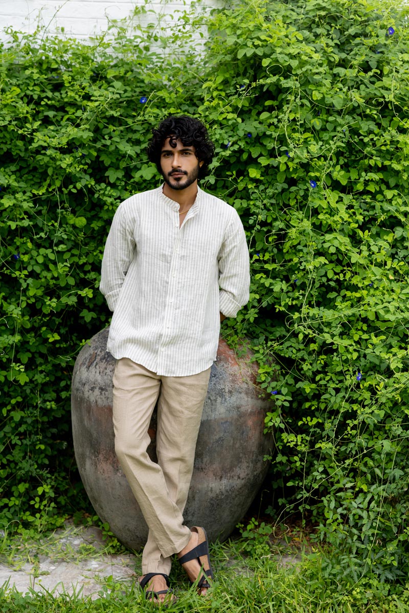 Mandarin Collar Beige Stripe Shirt