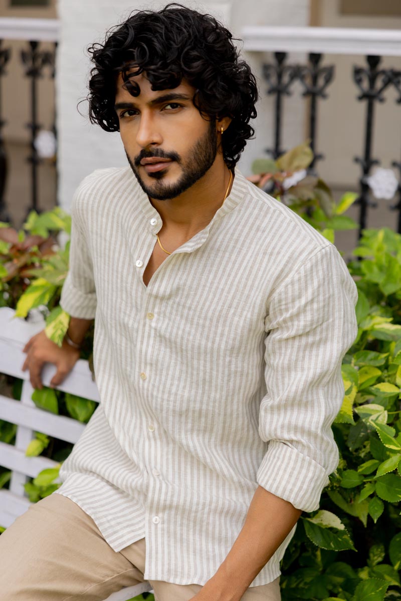 Mandarin Collar Beige Stripe Shirt
