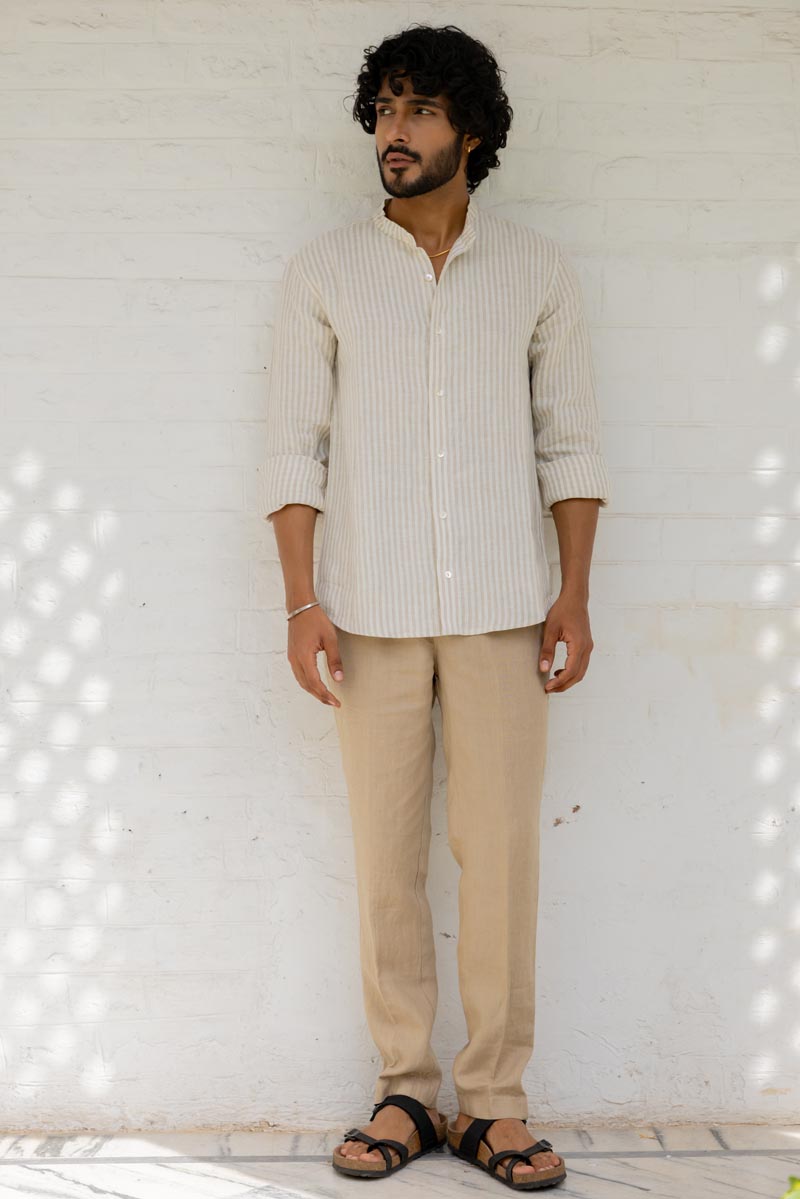 Mandarin Collar Beige Stripe Shirt