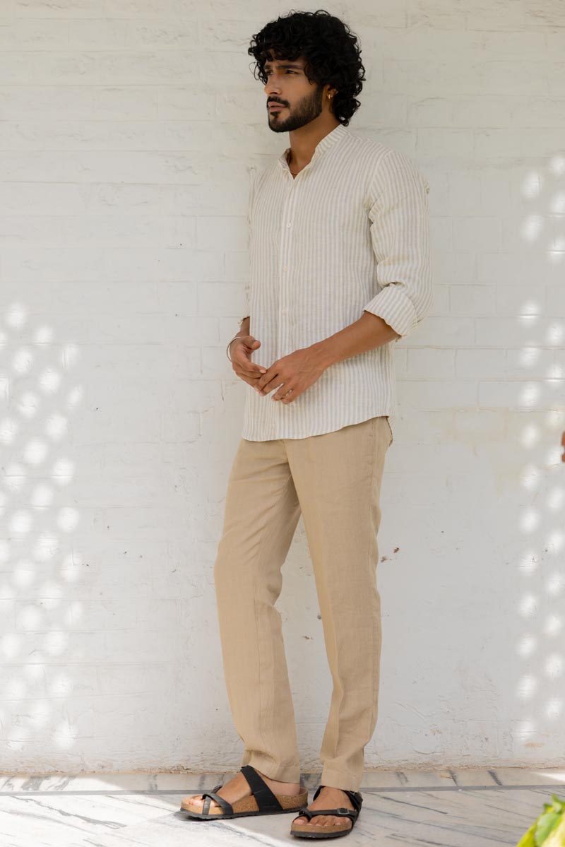 Mandarin Collar Beige Stripe Shirt