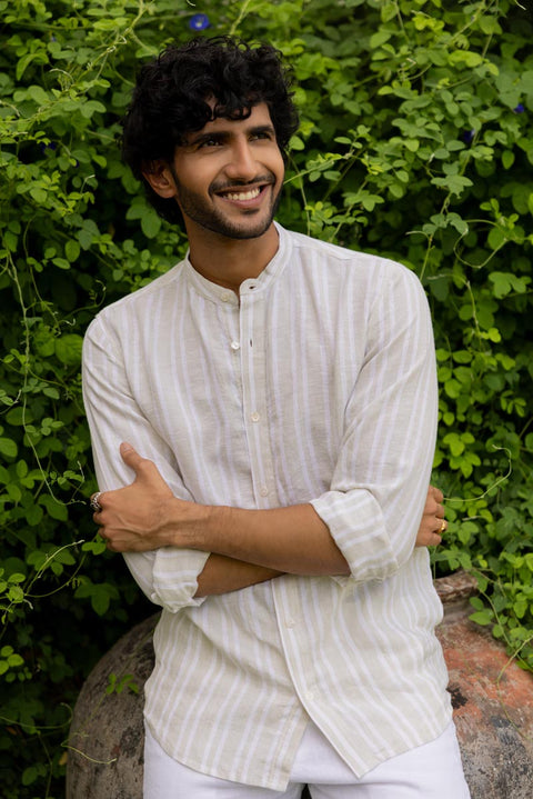 Mandarin Collar Beige Double Stripe Shirt
