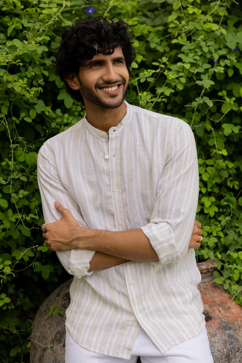 Mandarin Collar Beige Double Stripe Shirt