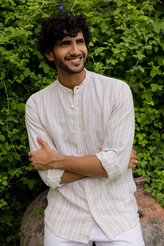 Mandarin Collar Beige Double Stripe Shirt