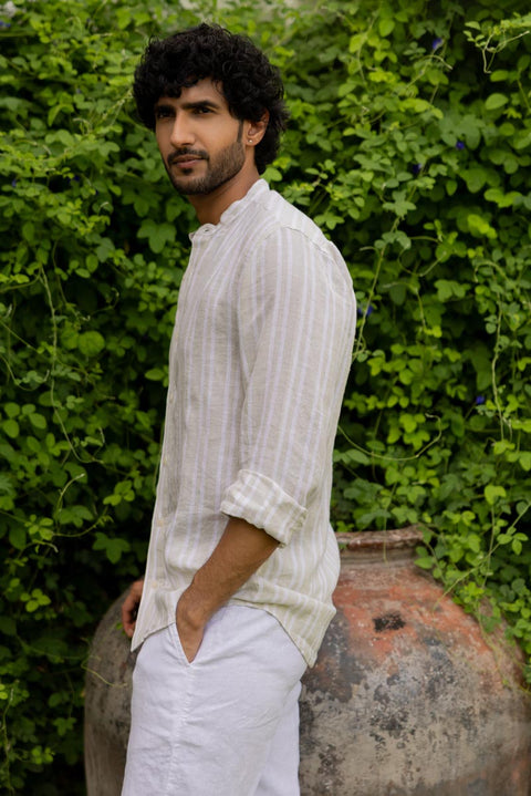 Mandarin Collar Beige Double Stripe Shirt