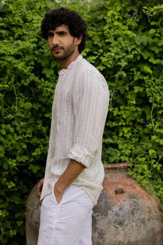 Mandarin Collar Beige Double Stripe Shirt