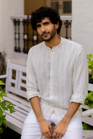 Mandarin Collar Beige Double Stripe Shirt