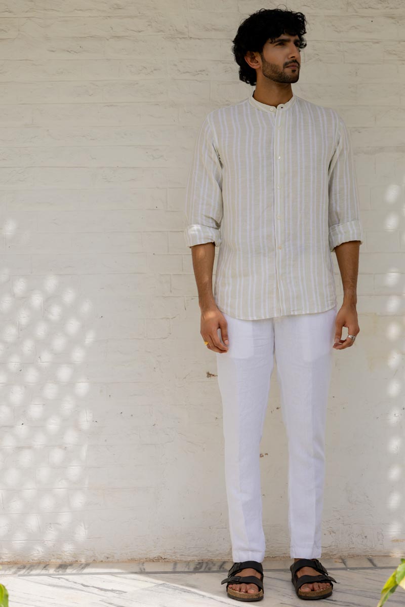 Mandarin Collar Beige Double Stripe Shirt