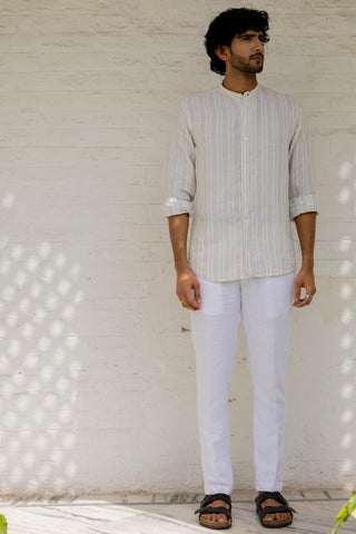 Mandarin Collar Beige Double Stripe Shirt
