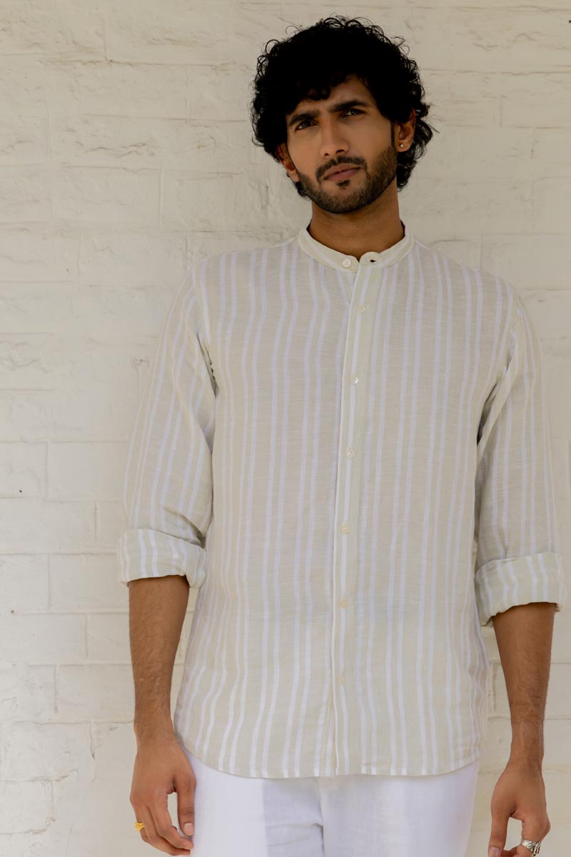 Mandarin Collar Beige Double Stripe Shirt