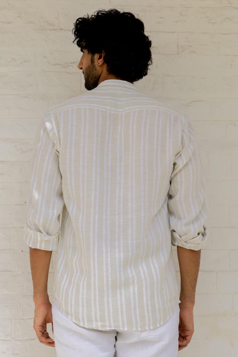 Mandarin Collar Beige Double Stripe Shirt
