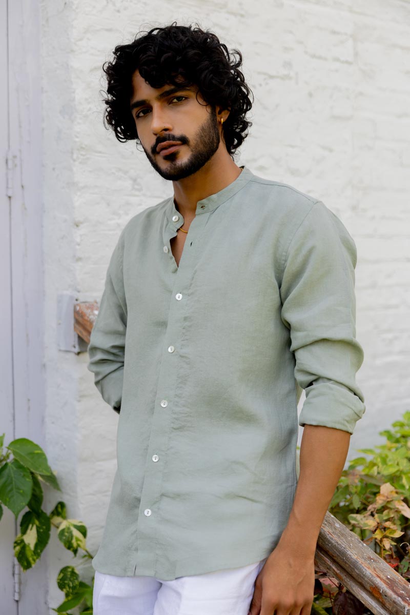Mandarin Collar Sage Green Blue Shirt