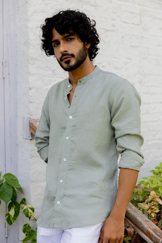 Mandarin Collar Sage Green Blue Shirt