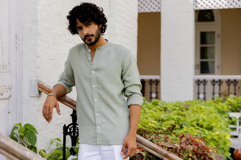 Mandarin Collar Sage Green Blue Shirt
