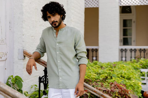 Mandarin Collar Sage Green Blue Shirt